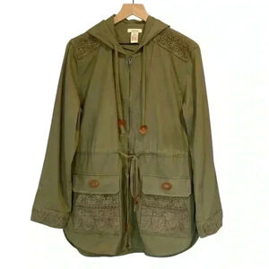 Sundance Army Green Cotton Hooded Jacket, Embroidered & Leather Details, Size PL